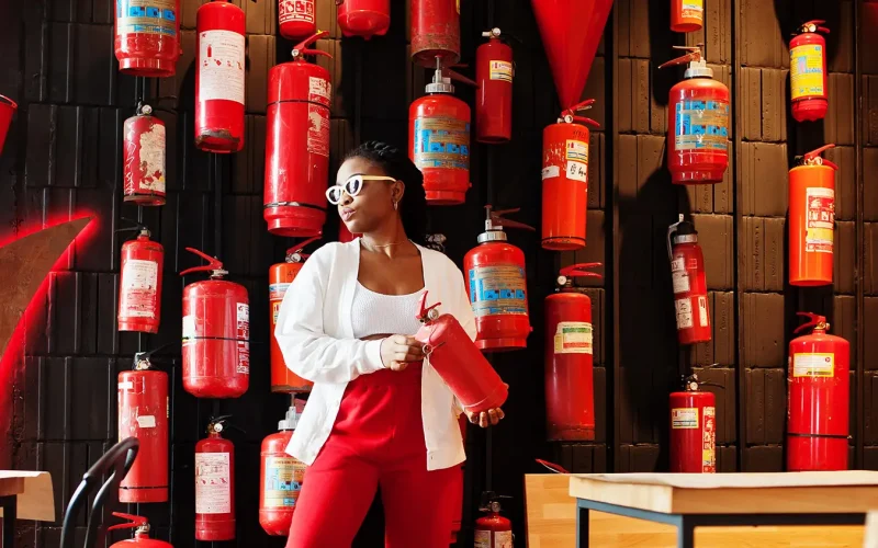 Frau beim Feuerlöscher Verkauf_web
